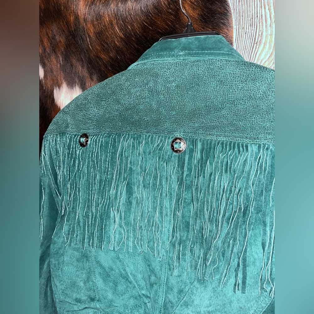 Hunt Club Teal Green Suede Fringe Leather Jacket - Picture 9 of 9